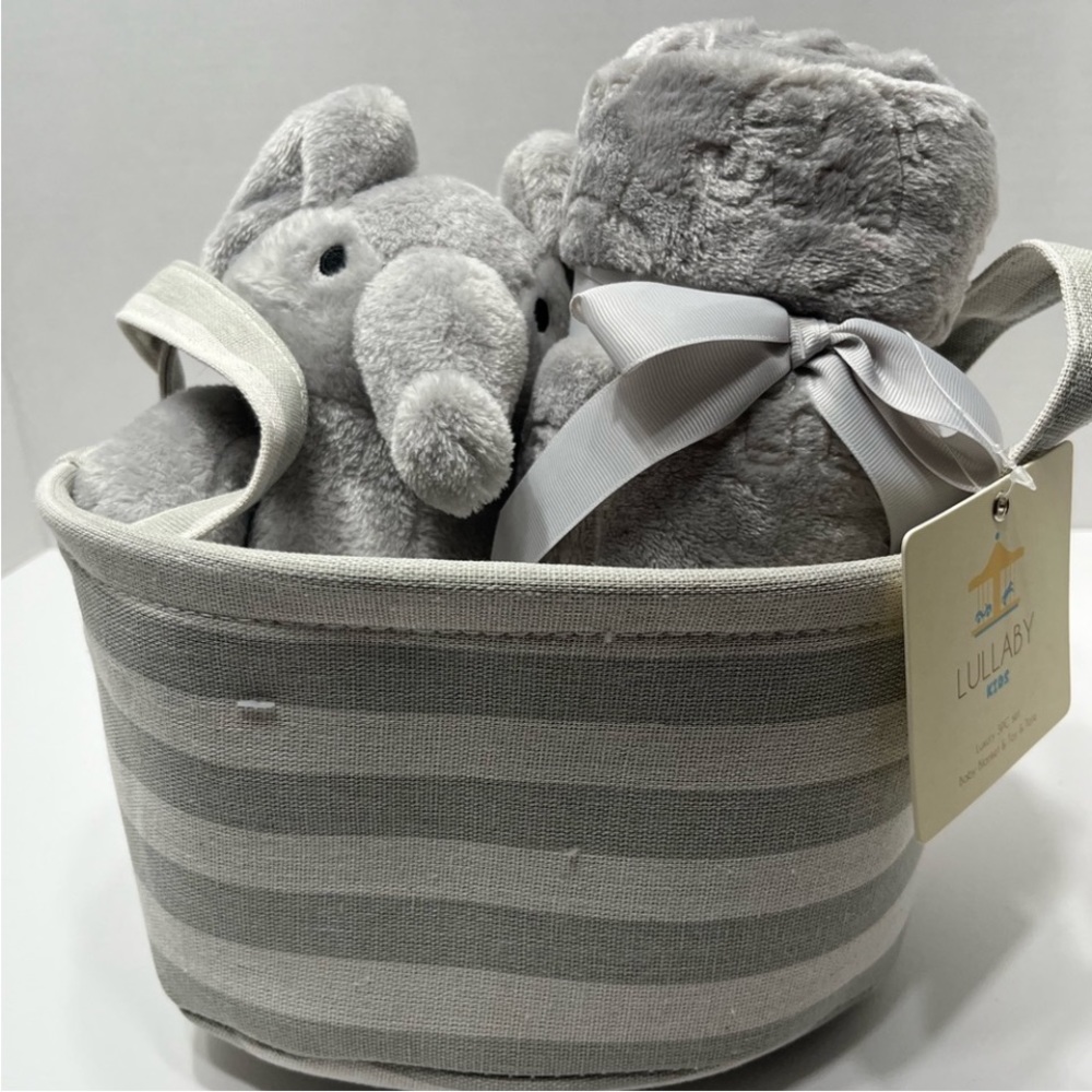 Lullaby Kids Grey Embossed Hearts Baby  Blanket , Plush Elephant & Tote 30”x40”,
